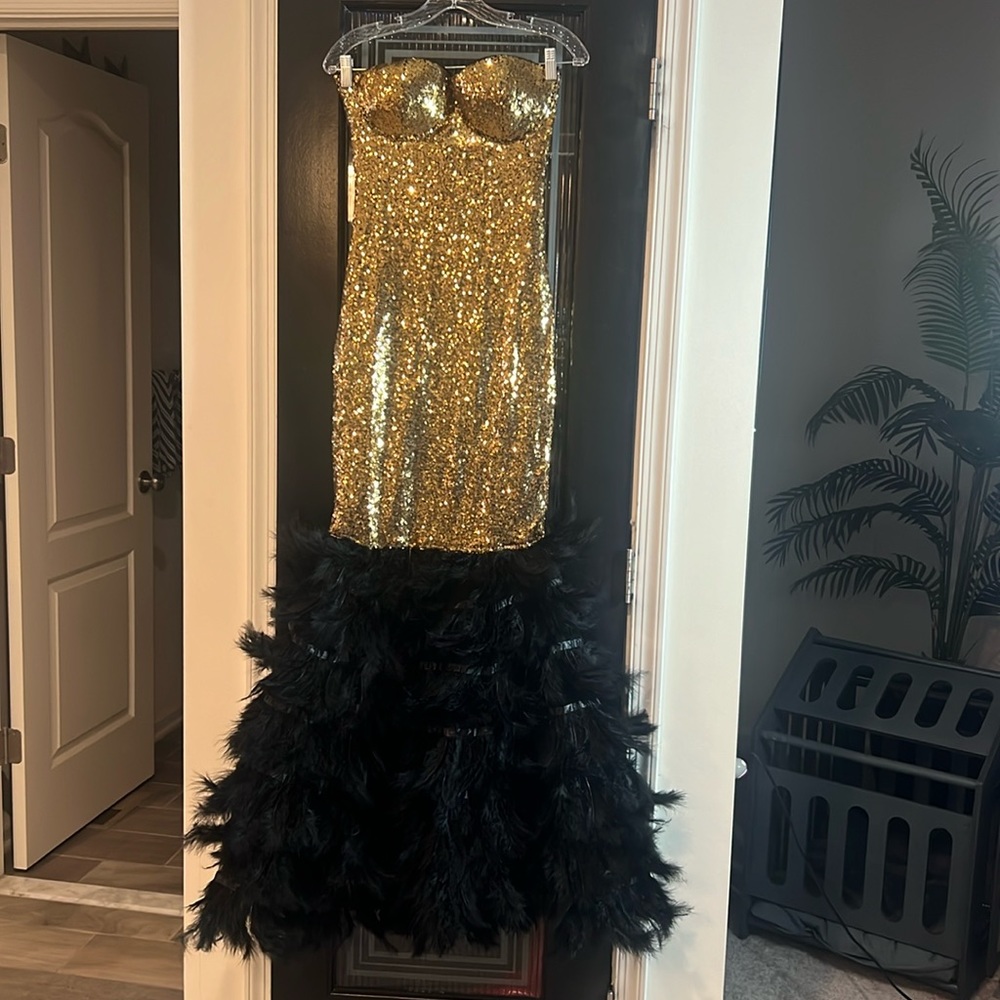 Strapless sequin feather dress
